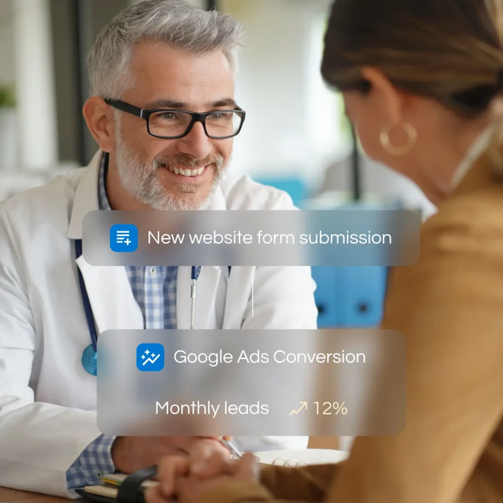 Smiling Doctor with administrator lwith blurbs about new form submissions and google ads conversions by Marker Marketing
