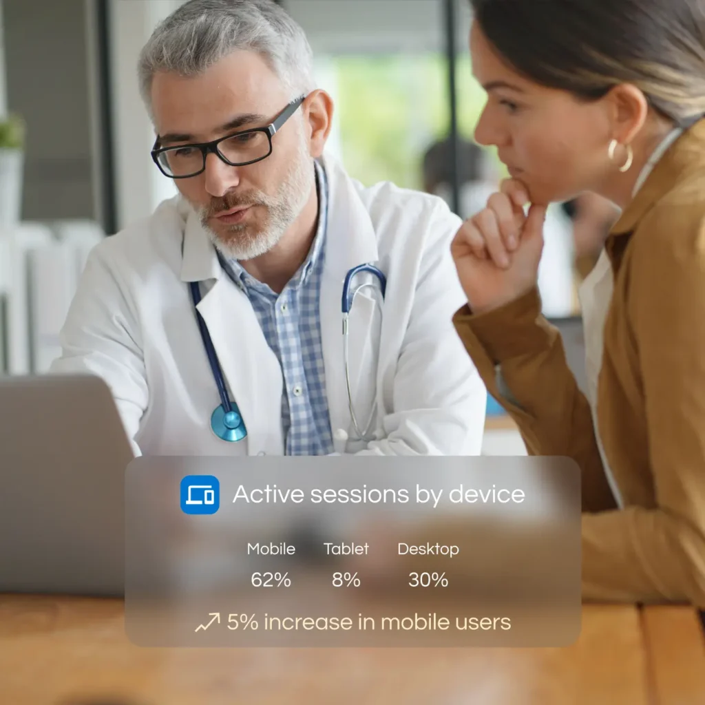 Doctor with administrator looking at a laptop assessing active sessions by device by Marker Marketing