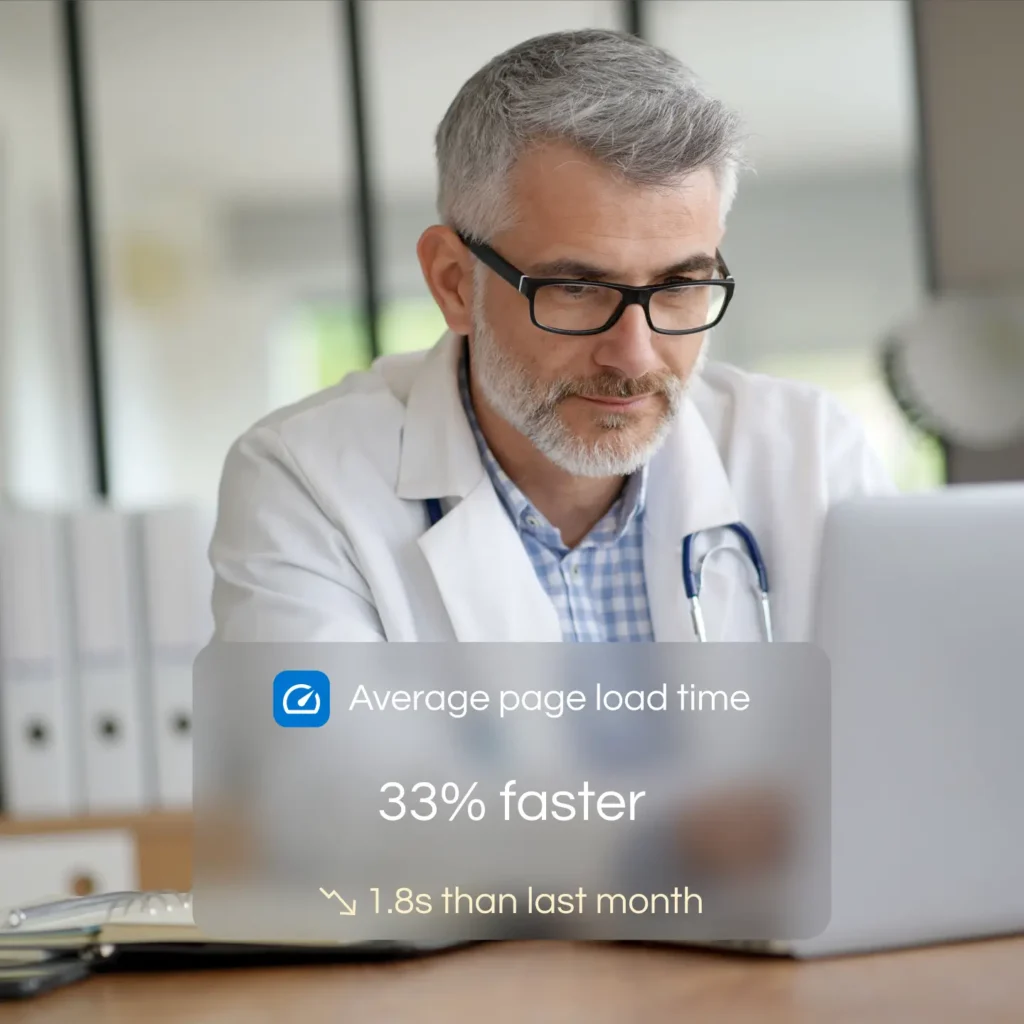 Smiling Doctor with laptop assessing average page load time by Marker Marketing