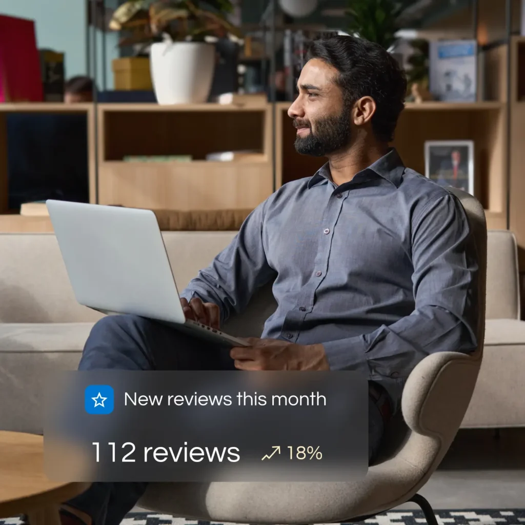 Smiling Doctor with laptop with new monthly reviews blurb email campaign by Marker Marketing